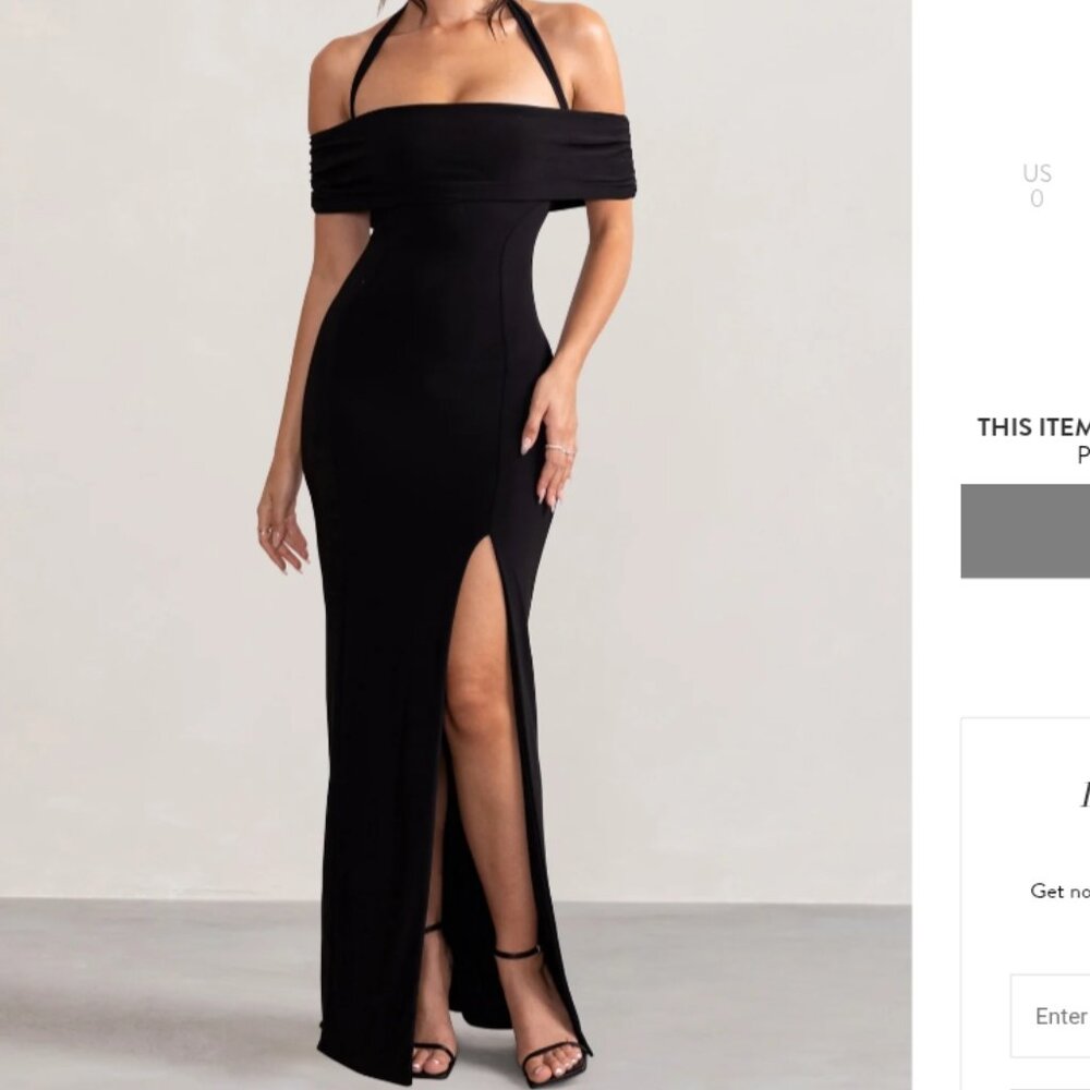 Club L Anisa Black Halter Neck Bardot Maxi Dress With Thigh Split